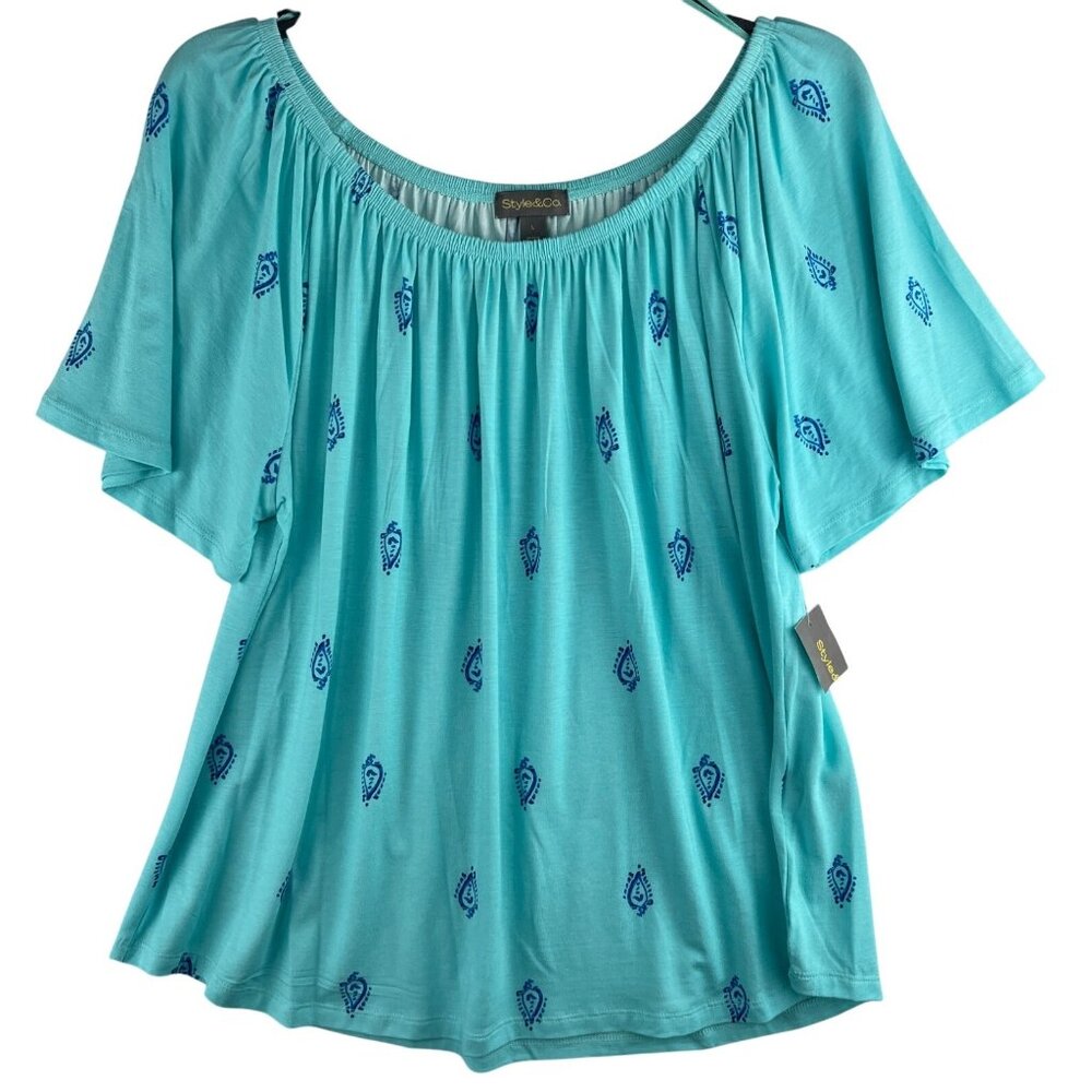Style & Co. Womens Large Shirring Top Pacific Aqua Cmb Rayon & Spandex